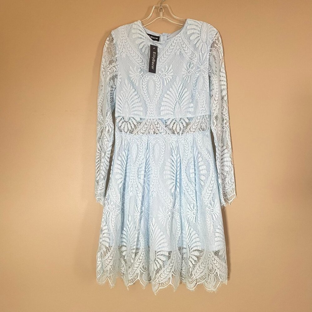 Eilly Bazar Sze Large Blue Lace Overlay Party Cocktail Dress Long Sleeves NWT
